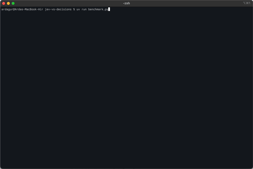 Benchmark run: both APIs process 1,000 messages, then the comparison tables appear